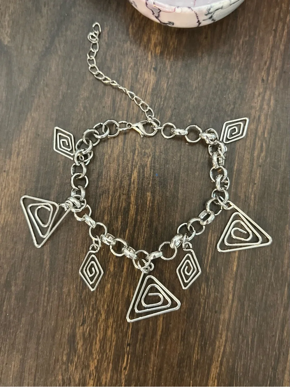 Y2K Silver Triangle Charm Bracelet Swirl Motif Boho Art Deco Chic ✨